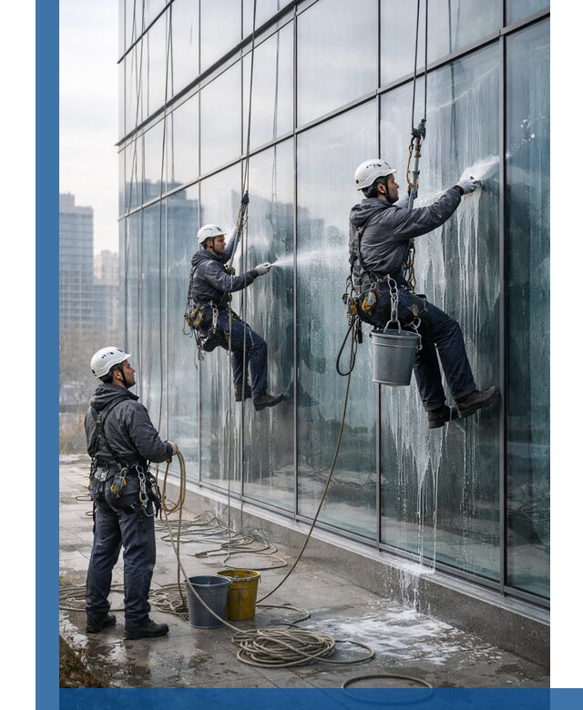 Промышленная мойка панорамных окон на высоте в Луге