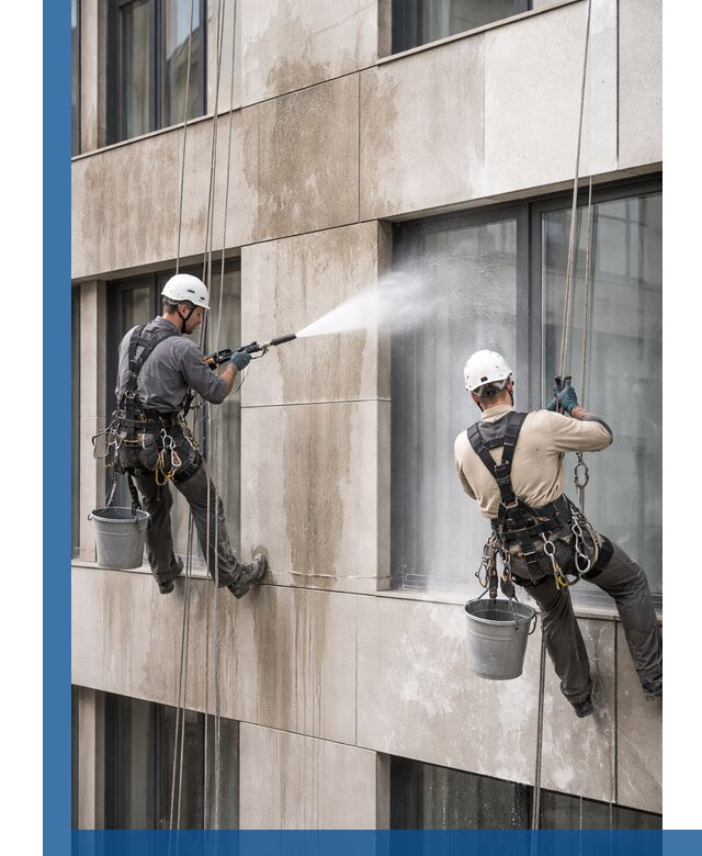 Послестроительная мойка фасада промышленным альпинизмом в Луге