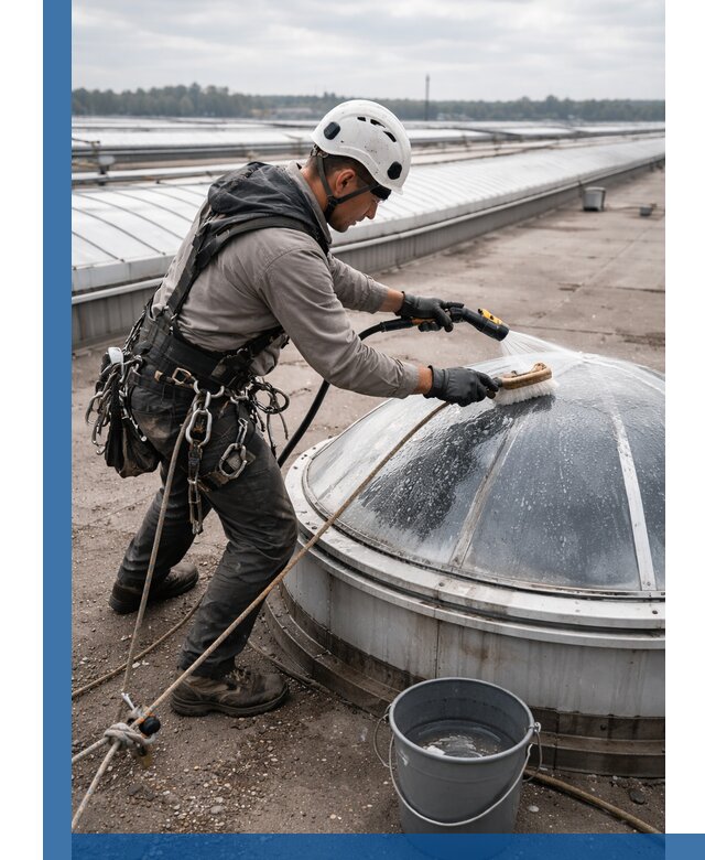 Мойка зенитных фонарей на кровле для промышленных объектов в Луге