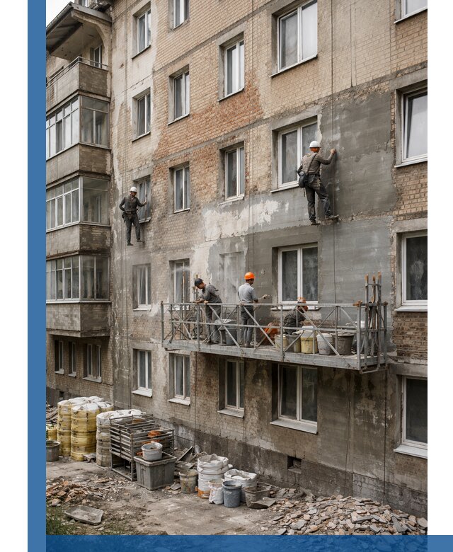 Капитальный ремонт фасада в Луге с восстановлением и гидроизоляцией