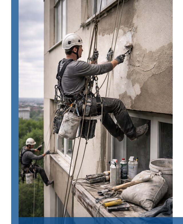 Косметический ремонт фасада зданий в Луге промышленными альпинистами