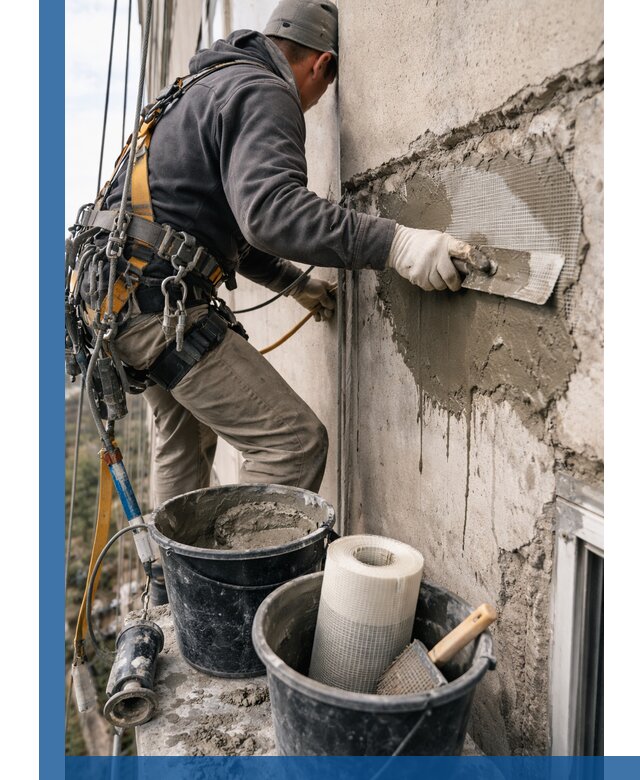 Ремонт бетонных элементов фасада промышленными альпинистами в Луге