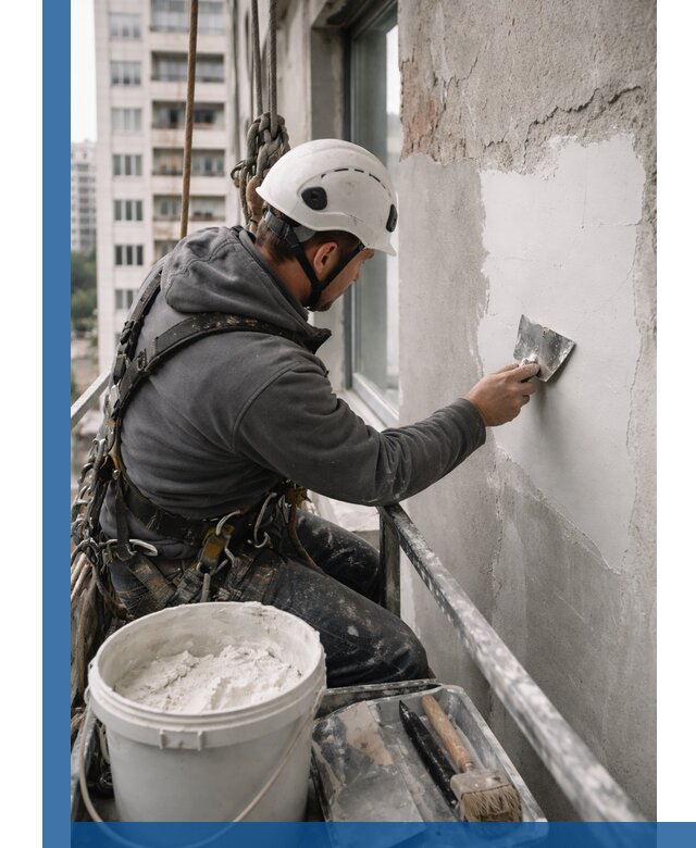 Шпаклевка фасадов на высоте с промальпинистами в Луге