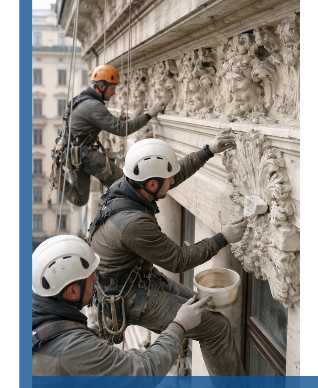 Реставрация фасадной лепнины с высотными работами в Луге