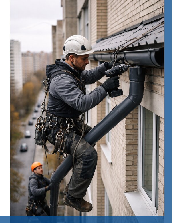 Монтаж водосточной системы на здании в Луге от 5155 р. | ВЫСОТНИК-Лга