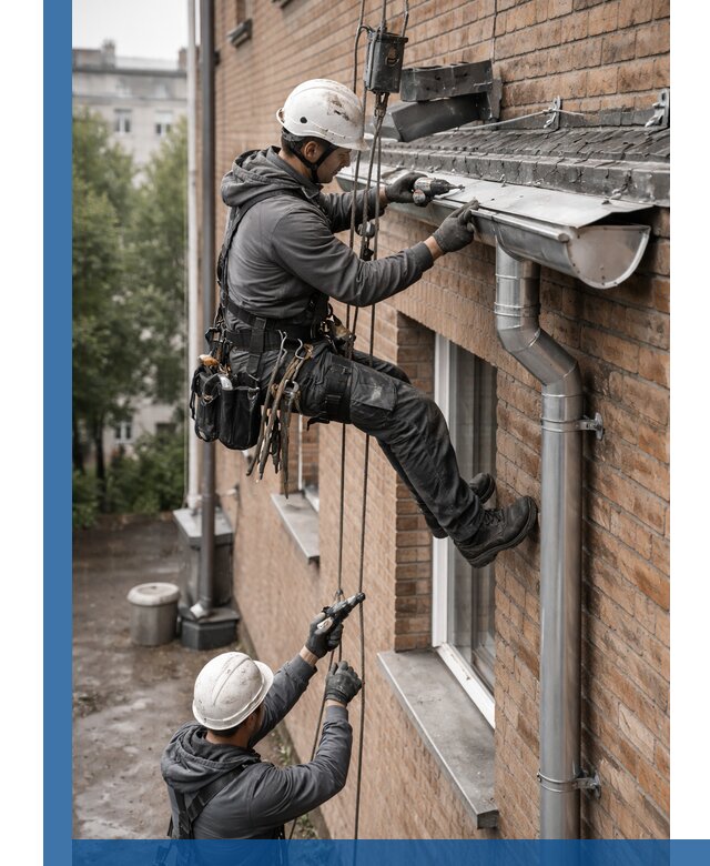 Монтаж водосточной системы на здании в Луге под ключ