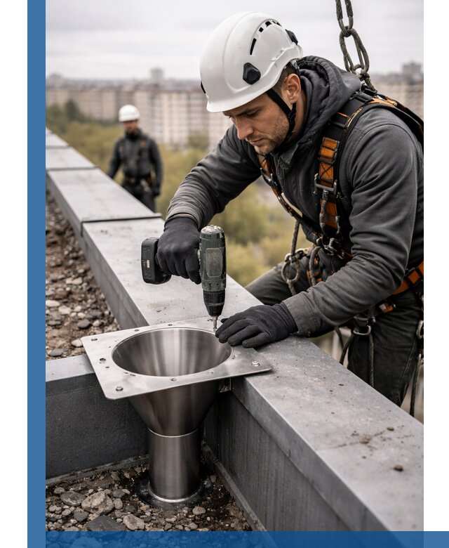 Монтаж водосточных воронок в Луге для промышленных зданий