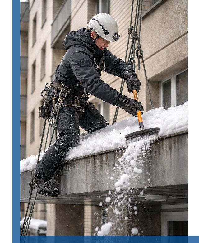 Очистка козырьков от снега в Луге круглогодично безопасно