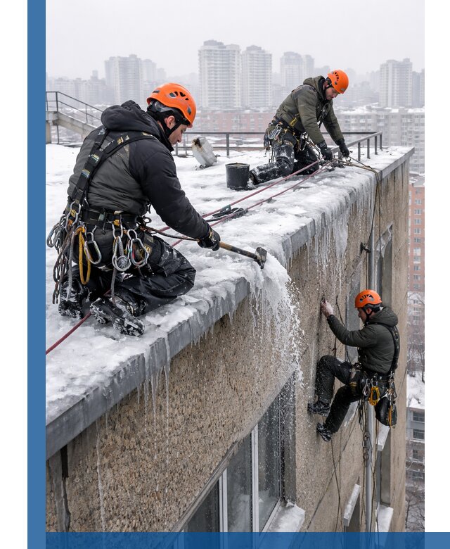 Удаление наледи с кровли в Луге промышленными альпинистами