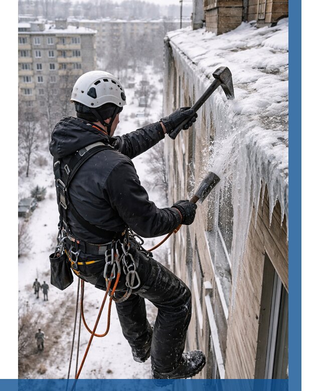 Сбивание сосулек с крыши в Луге по цене от 4640 р. | ВЫСОТНИК-Лга