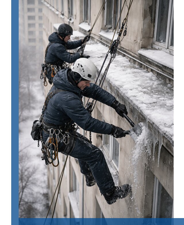 Удаление наледи и сосулек с карнизов в Луге профессионально