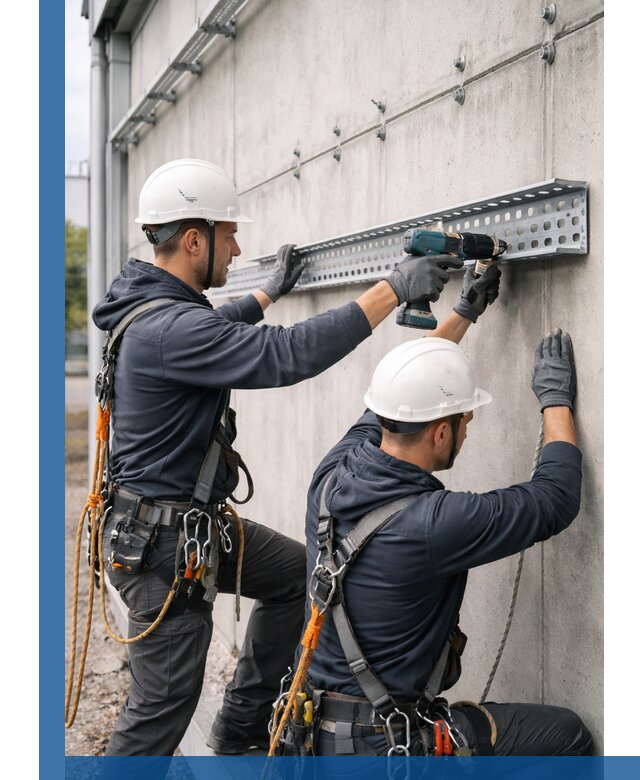 Монтаж кабельных лотков на фасаде зданий в Луге с гарантией