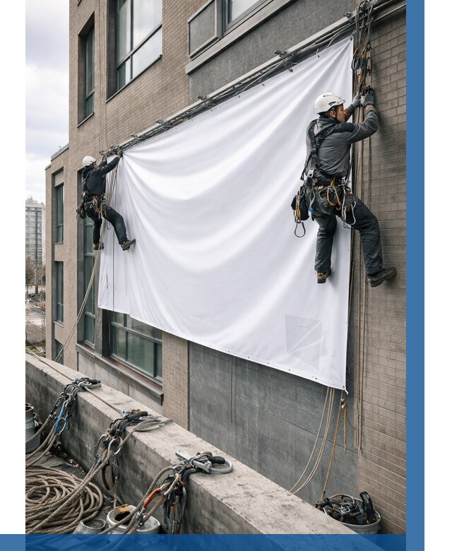 Монтаж баннеров на фасаде в Луге от 670 р. заказать ВЫСОТНИК-Лга