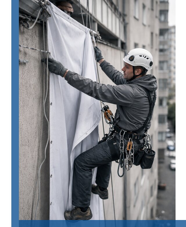 Замена баннерного полотна промышленными альпинистами в Луге