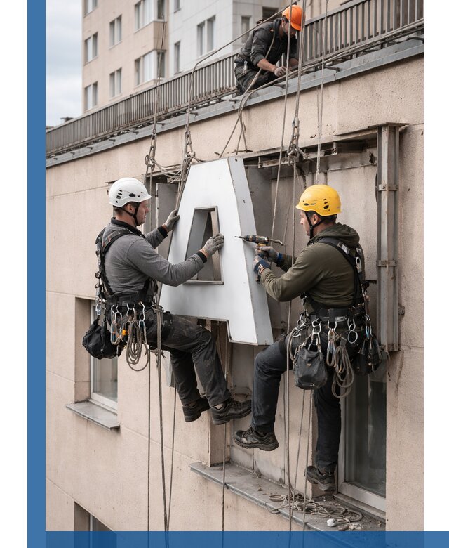 Ремонт и восстановление наружных вывесок на высоте в Луге