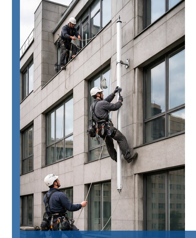 Монтаж флагштока на фасаде здания с креплением и герметикой в Луге