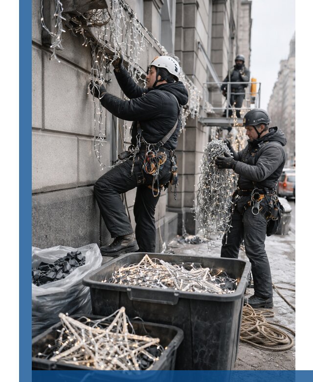 Демонтаж новогоднего оформления и гирлянд в Луге