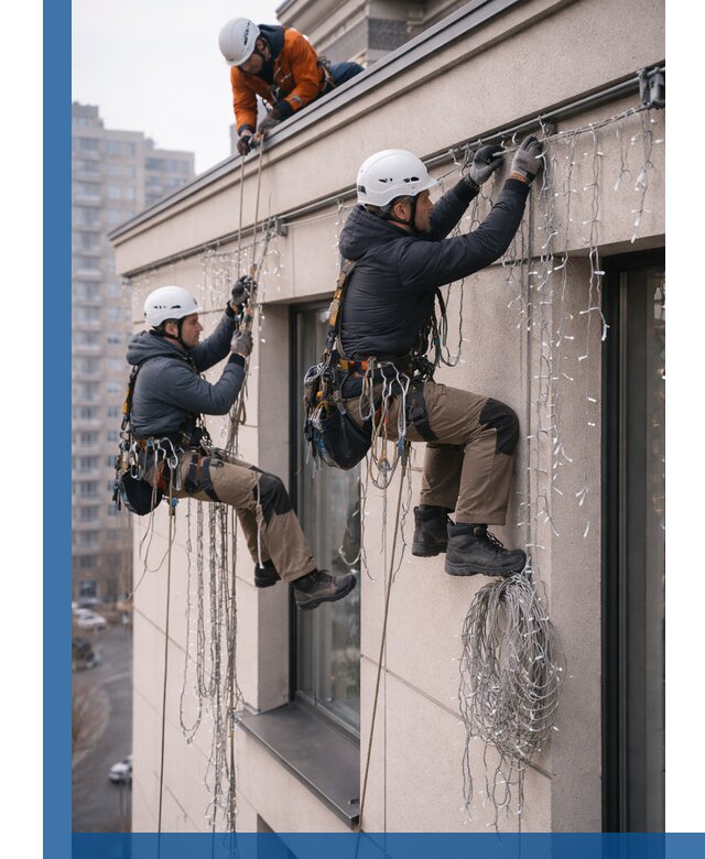 Монтаж праздничных гирлянд на фасаде в Луге для зданий