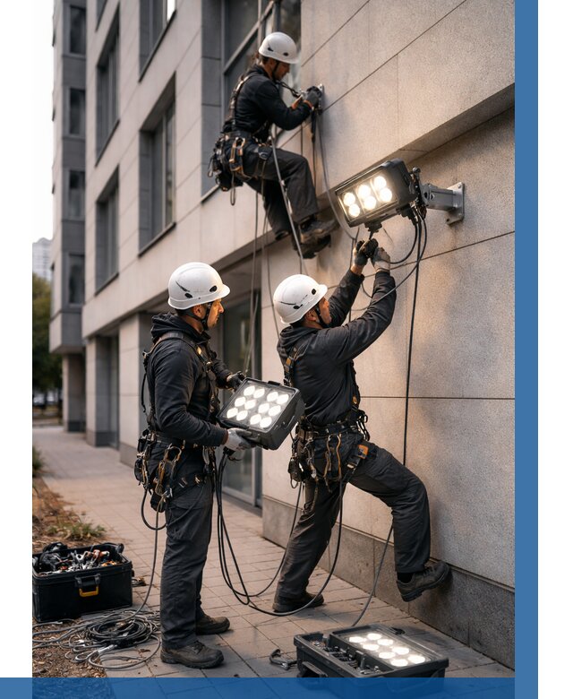 Монтаж прожекторов на фасаде в Луге от 7733 р. | ВЫСОТНИК-Лга