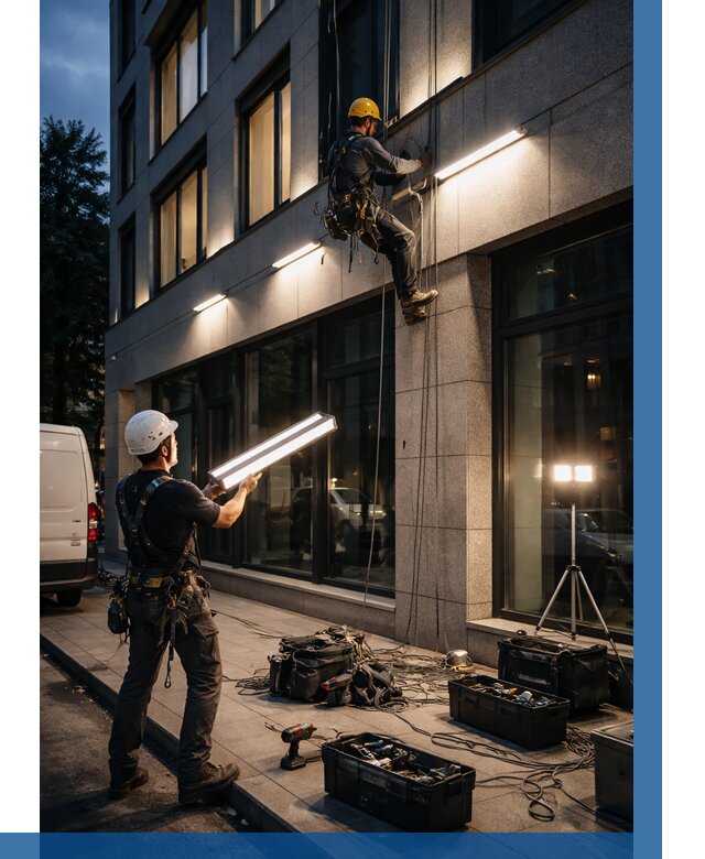 Монтаж архитектурной подсветки здания в Луге от 2578 р.|ВЫСОТНИК-Лга