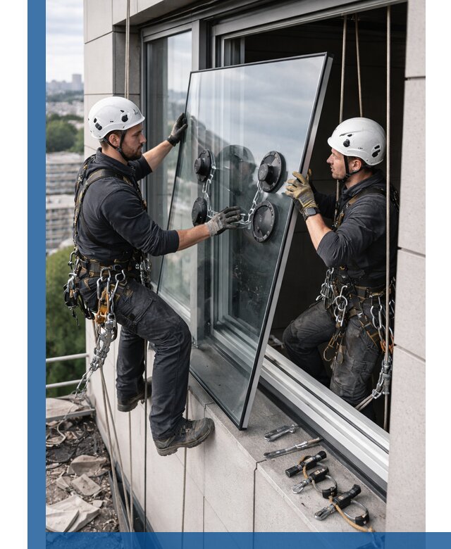 Замена стеклопакетов на высоте с промышленными альпинистами в Луге