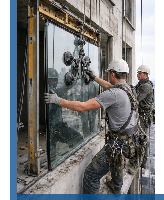 Монтаж стеклопакетов на высоте в Луге с промышленным альпинизмом