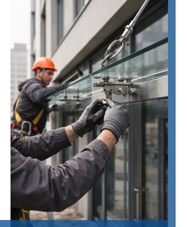 Монтаж стеклянных козырьков в Луге от 8764 р. | ВЫСОТНИК-Лга