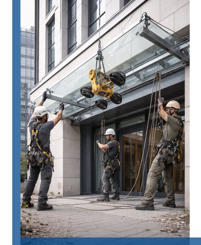 Монтаж стеклянных козырьков под ключ в Луге для зданий