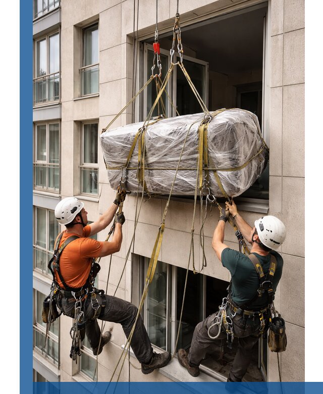 Подъем грузов через окно в Луге промышленными альпинистами