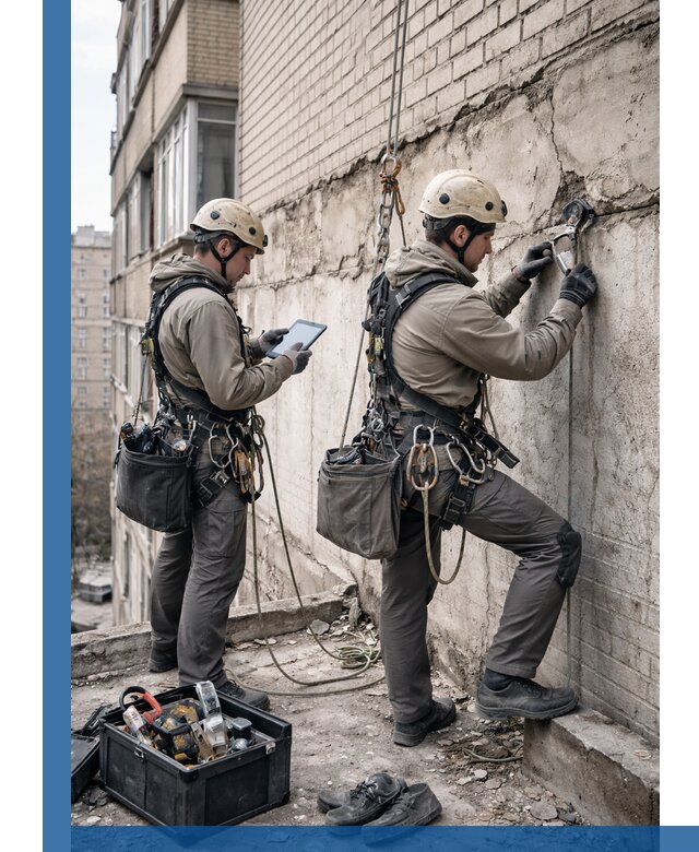 Обследование фасада промышленными альпинистами в Луге